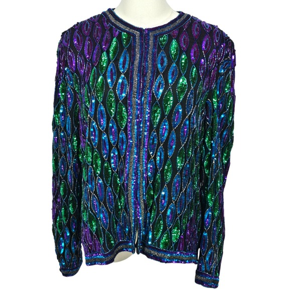 Laurence Kazar Jackets & Blazers - Laurence Kazar Vintage Beaded Sequin Silk Jacket XL Green Blue Purple Evening